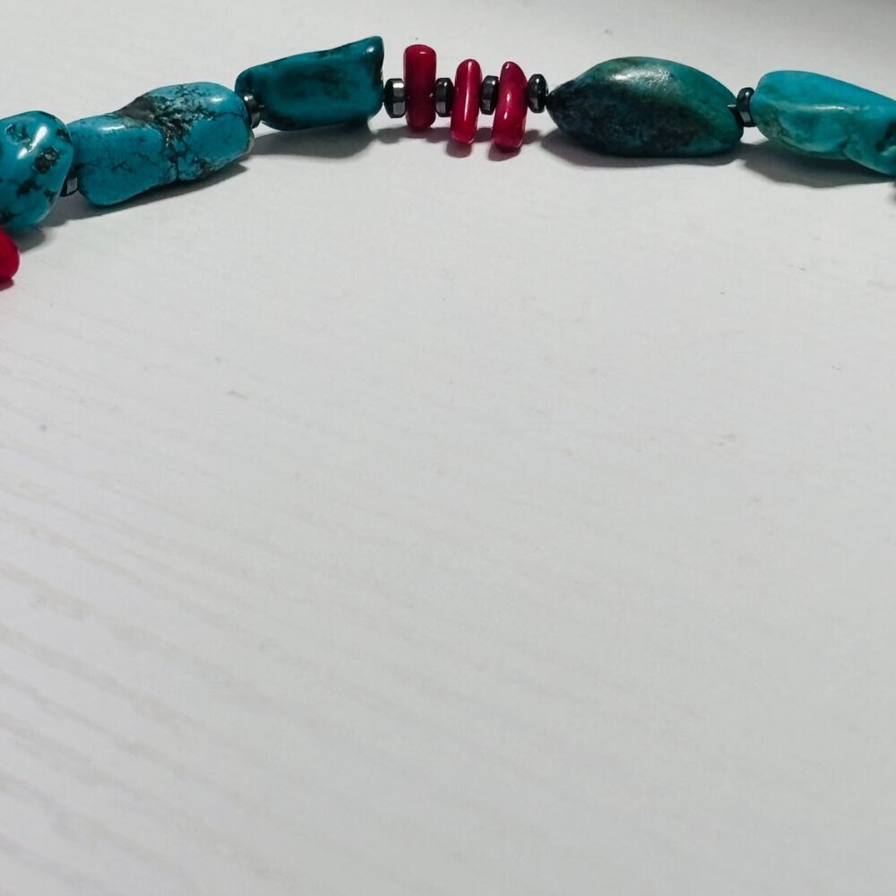 Turquoise Style & Coral Color Necklace 18” Chunky Southwestern Boho - Picture 5 of 11
